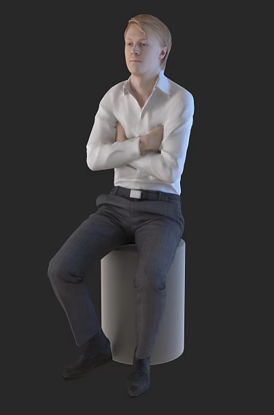 Man With Crossed Arms Wearing White Shirt Sitting On White Cylinder Against Dark Background 3d model