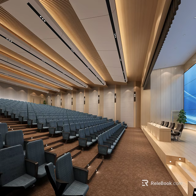 Modern Conference Room Interior with Stepped Blue Seating Large Screen and Wooden Podium 3d model 