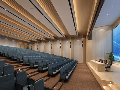 Modern Conference Room Interior with Stepped Blue Seating Large Screen and Wooden Podium 3d model