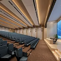 Modern Conference Room Interior with Stepped Blue Seating Large Screen and Wooden Podium