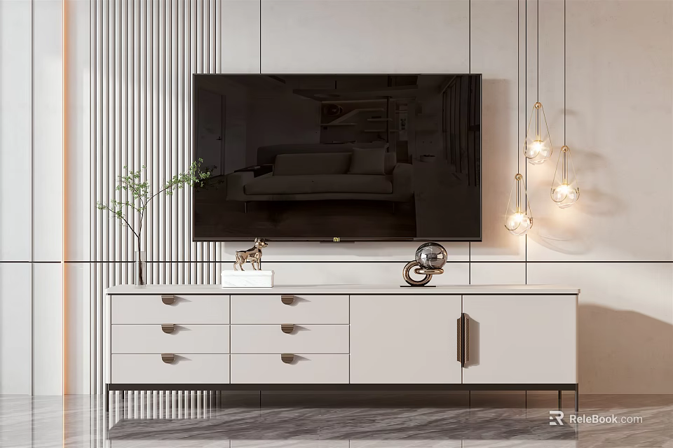 Modern White TV Stand With Large Screen TV Decorative Items And Pendant Lights 3d model 