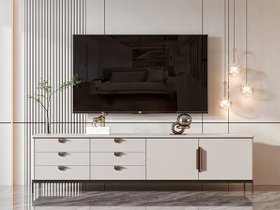 Modern White TV Stand With Large Screen TV Decorative Items And Pendant Lights 3d model