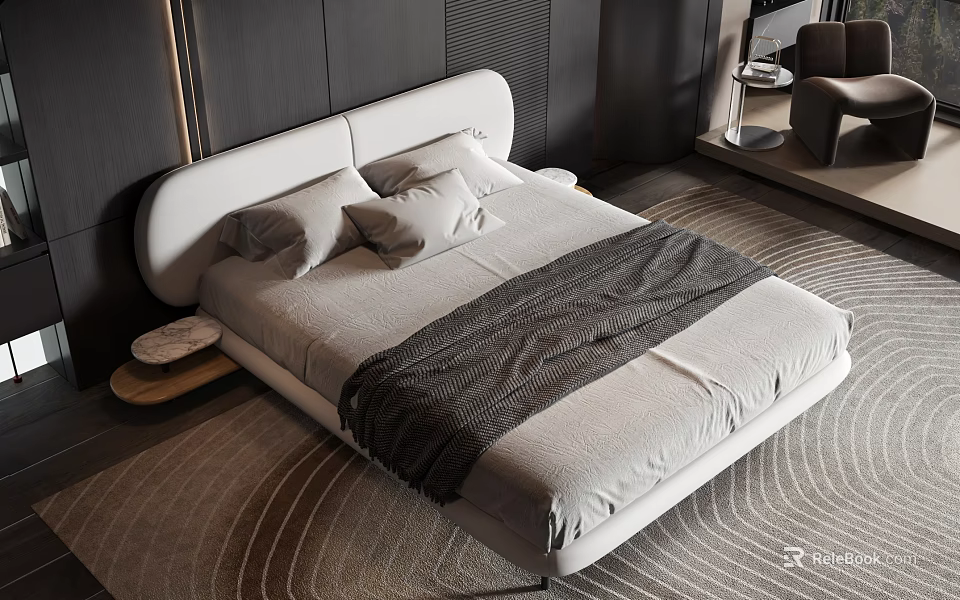Modern Minimalist Double Bed With White Headboard Gray Pillows Dark Blanket And Light Textured Carpet 3d model 