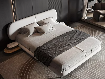 Modern Minimalist Double Bed With White Headboard Gray Pillows Dark Blanket And Light Textured Carpet 3d model