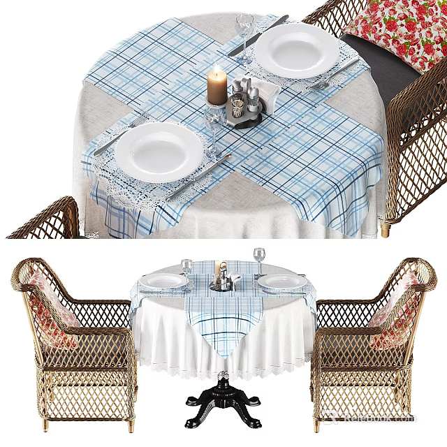 Wicker Chair And Table Set With Blue White Checkered Tablecloth And Lace Trim 3d model 