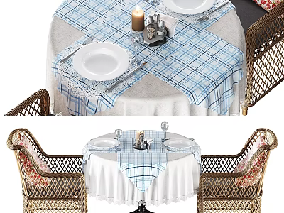 Wicker Chair And Table Set With Blue White Checkered Tablecloth And Lace Trim 3d model