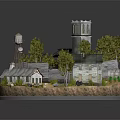 Cartoon Scene With Water Tower Trees Old Tower Small Houses Fence And Circular Base