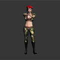 Female Character In Camouflage Uniform With Red Beret Holding Gun Against Gray Background