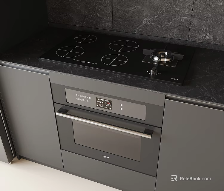 Sleek Black Cooktop And Oven With Grey Kitchen Cabinets Countertop 3d model 