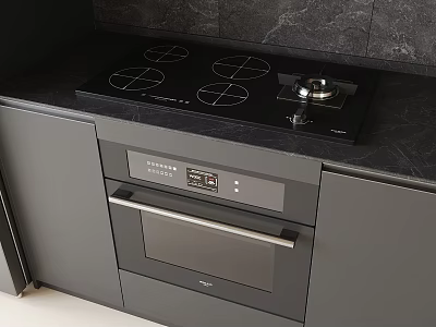 Sleek Black Cooktop And Oven With Grey Kitchen Cabinets Countertop 3d model
