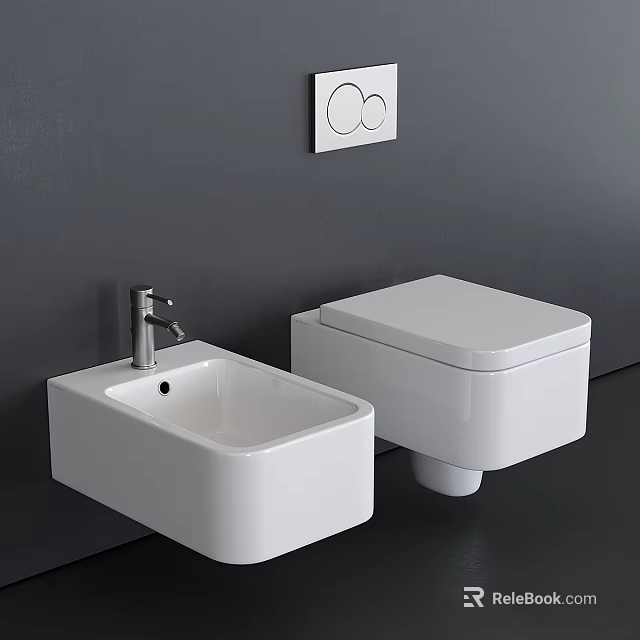 Modern Wall Hung White Toilet With Square Basin And Gray Wall Design 3d model 