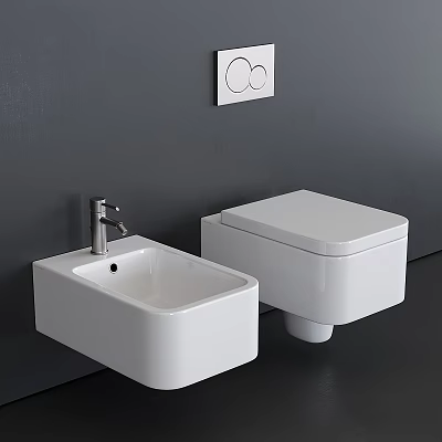 Modern Wall Hung White Toilet With Square Basin And Gray Wall Design 3d model