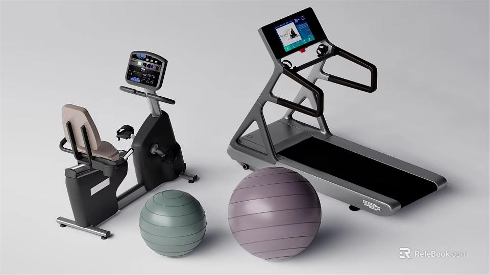 Modern Sports Equipment Including Treadmill Exercise Bike And Fitness Balls With Digital Screens 3d model 