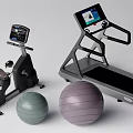 Modern Sports Equipment Including Treadmill Exercise Bike And Fitness Balls With Digital Screens