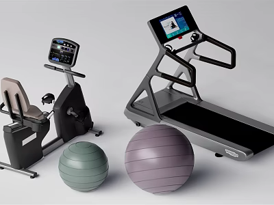 Modern Sports Equipment Including Treadmill Exercise Bike And Fitness Balls With Digital Screens 3d model