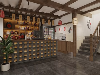 Traditional Chinese Tea House Interior With Wooden Beams Red Lanterns Tea Sets And Staircase 3d model