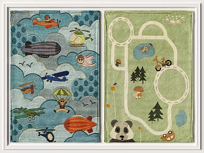 Kids Cartoon Square Rugs With Aircraft And Road Themed Patterns 3d model