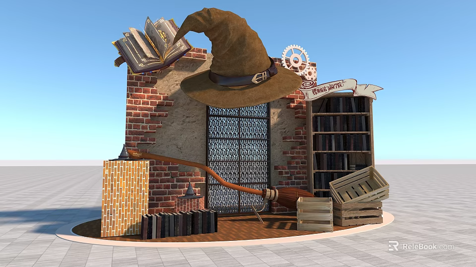 Magical Themed Photo Spot With Wizard Hat Books Broomstick And Brick Wall 3d model 