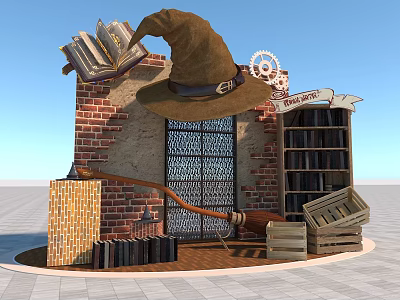 Magical Themed Photo Spot With Wizard Hat Books Broomstick And Brick Wall 3d model