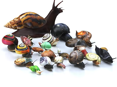 Colorful Reptile Snails Display With Various Sizes And Unique Shell Patterns 3d model