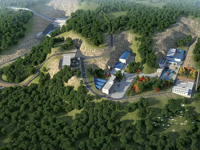 Industrial Plant In Green Natural Surroundings With Hills Lush Trees And Supporting Facilities 3d model