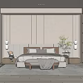 Modern Bedroom With Light Gray Paneled Wall King Bed Pendant Lights Green Plants And Wooden Floor