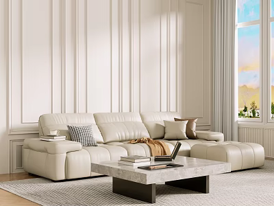 Modern Beige Leather Sofa Coffee Table Set With Throw Pillows Blanket White Paneled Walls And Window Rug 3d model