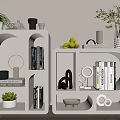 Modern Decorative Cabinets With Curved Square Design Potted Plants Books And Ornaments
