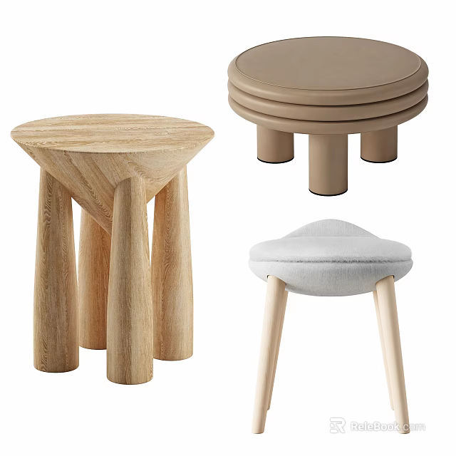 Varied Design Wooden Brown And Upholstered Stools With Multi Layer Structure And Slender Legs 3d model 