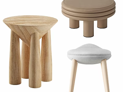Varied Design Wooden Brown And Upholstered Stools With Multi Layer Structure And Slender Legs 3d model