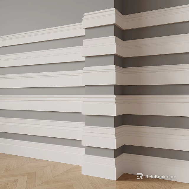 Grey And White Striped Wall With Layered Decorative Molding Design 3d model 