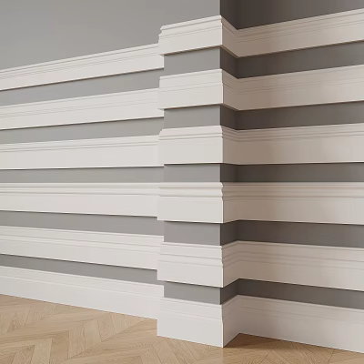 Grey And White Striped Wall With Layered Decorative Molding Design 3d model