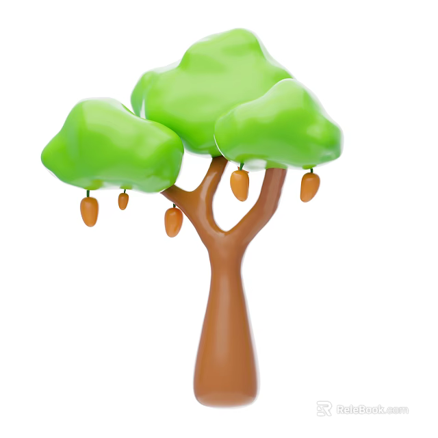 Tall Tree with Green Canopy Brown Trunk and Hanging Orange Fruits 3d model 