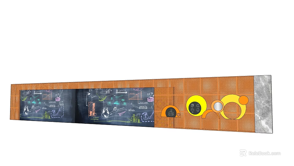 Modern Interior Orange Feature Wall with Hand Drawn Graffiti and Circular Decorative Patterns 3d model