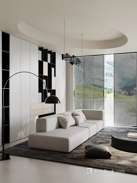 Modern Living Room Interior With Beige Sofa Floor Lamp Window Blinds And Geometric Wall Design 3d model 