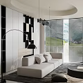 Modern Living Room Interior With Beige Sofa Floor Lamp Window Blinds And Geometric Wall Design