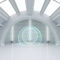 Futuristic White Hall Interior With Arched Ceiling Skylights And Blue Light Panels