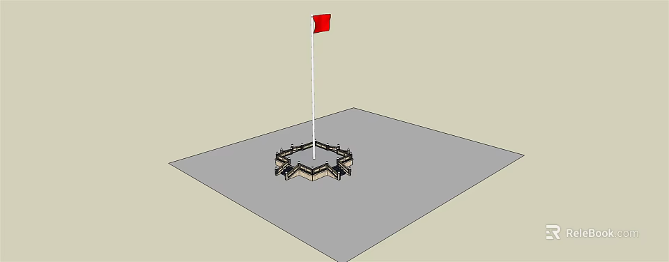 Red National Flag Standing on Black and Brown Hexagonal Base with Light Gray Ground 3d model 