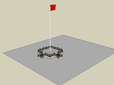 Red National Flag Standing on Black and Brown Hexagonal Base with Light Gray Ground 3d model