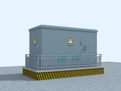 Public Utility Enclosure With Yellow Warning Signs Metal Railings And Yellow Black Striped Base 3d model