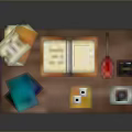 Pixel Art Office Desk With Colorful Items Bottles Purple Decor And Pink Cloth