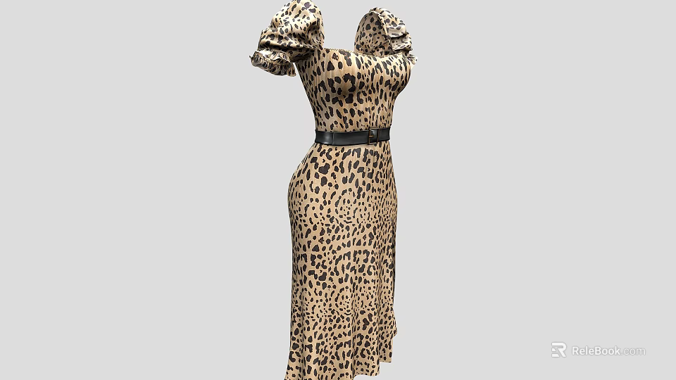 Leopard Print Fitted Dress With Puffed Sleeves And Black Belt Fashion Design 3d model 