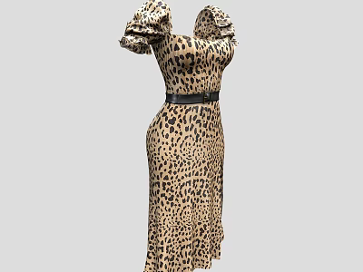 Leopard Print Fitted Dress With Puffed Sleeves And Black Belt Fashion Design 3d model