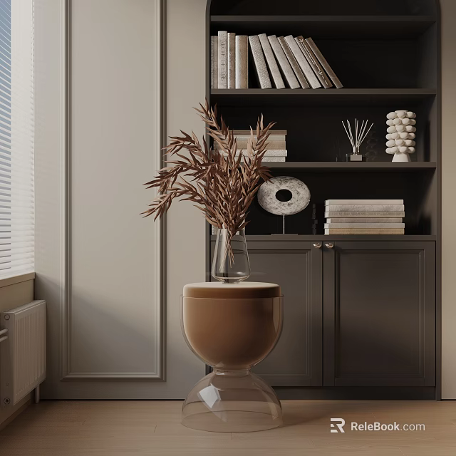 Stylish Brown Side Table With Glass Vase Dried Branches And Dark Decorative Bookshelf 3d model 