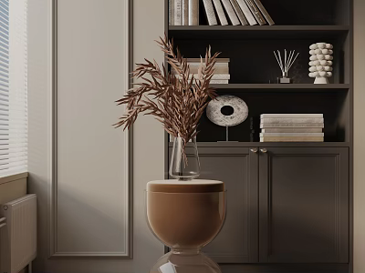 Stylish Brown Side Table With Glass Vase Dried Branches And Dark Decorative Bookshelf 3d model