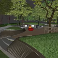Park Landscape With Circular Fire Pit Stone Seating Green Trees And Grass 3d model