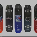 Skateboards With Various Hockey Team Logos And Colorful Unique Designs