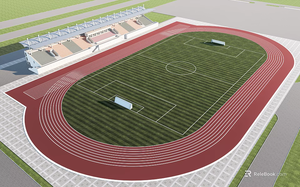 WellMaintained Football Field With Red Running Track Spectator Stands Green Grass And Field Markings 3d model 