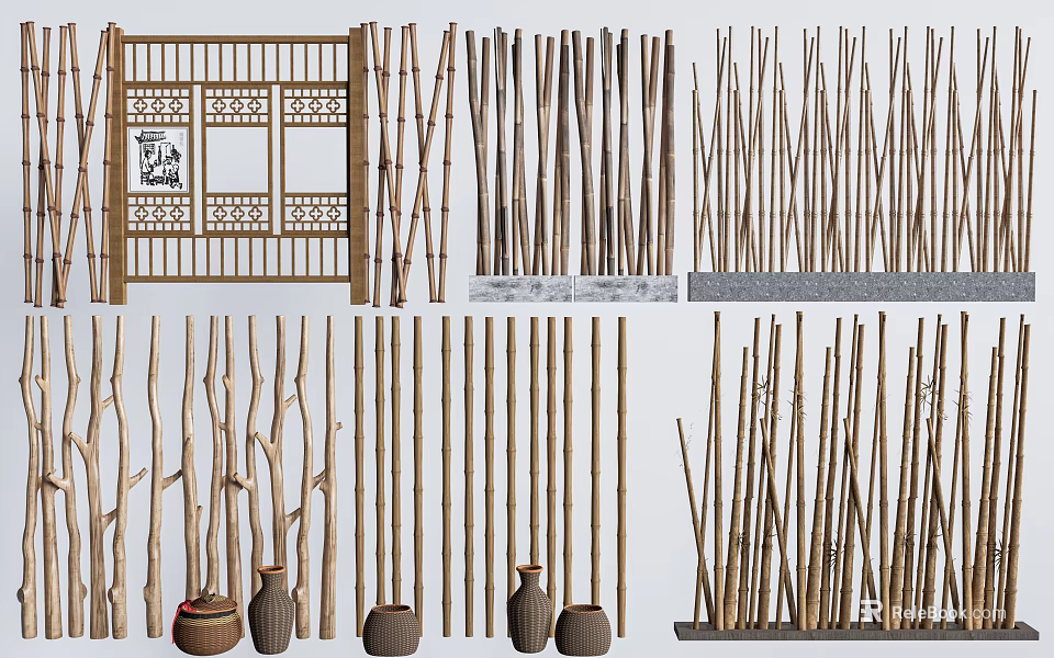 Handcrafted Bamboo Garden Ornaments with Decorative Fences Sticks Woven Baskets and Clay Pots 3d model 