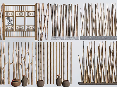 Handcrafted Bamboo Garden Ornaments with Decorative Fences Sticks Woven Baskets and Clay Pots 3d model